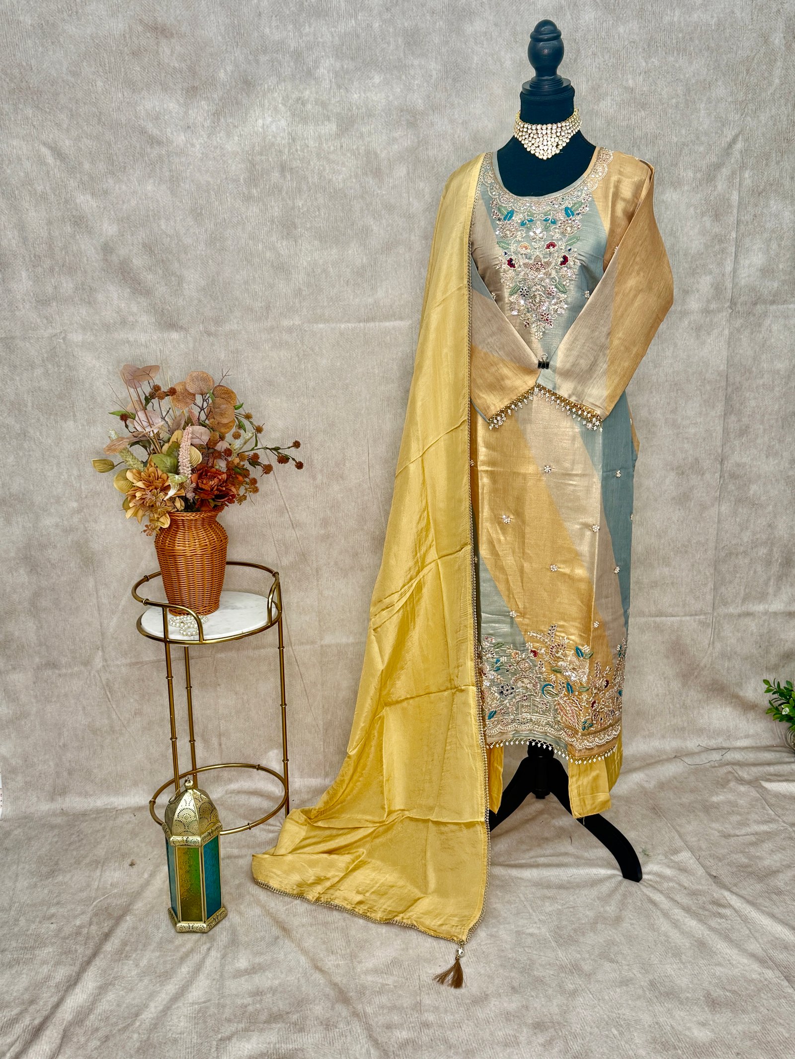 Pastel Blue & Golden Yellow Embroidered 3-Piece Suit Set